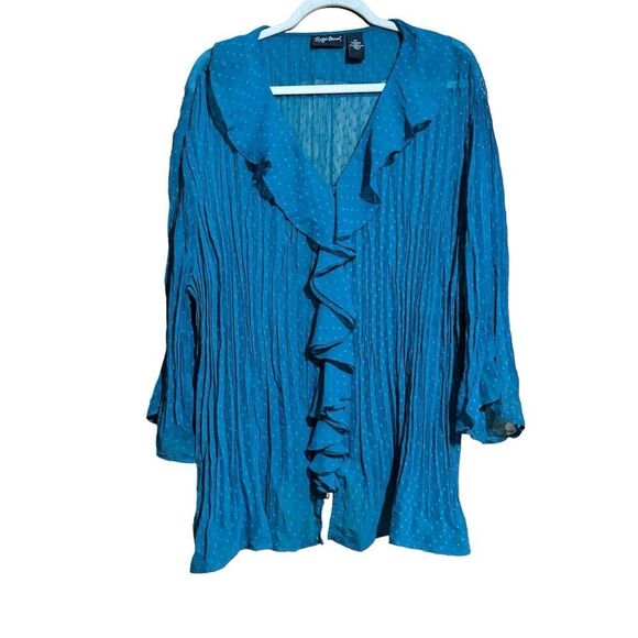 Maggie Barnes Top Womens 2X 22 24W Blue Swiss Dot Ruffle Sheer Crinkle Blouse - Picture 1 of 8